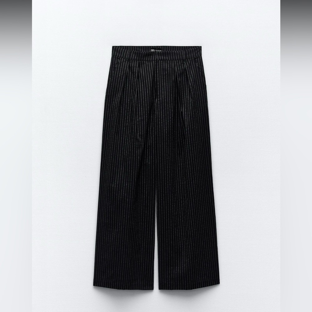 Zara Women’s Pinstripe Black + White Pleated Wide Leg Pants